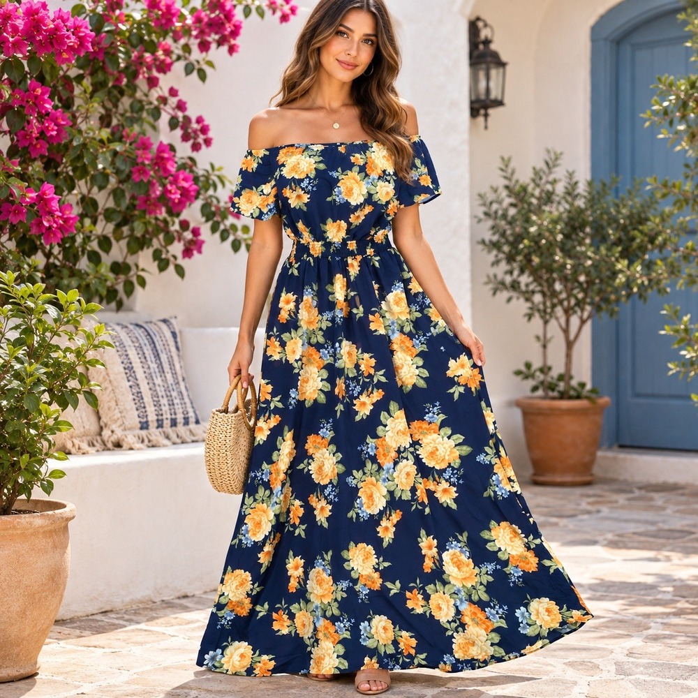 Red Leaf Navy Blue Floral Ruffle Sleeve Smocked Waist Maxi Dress Medium